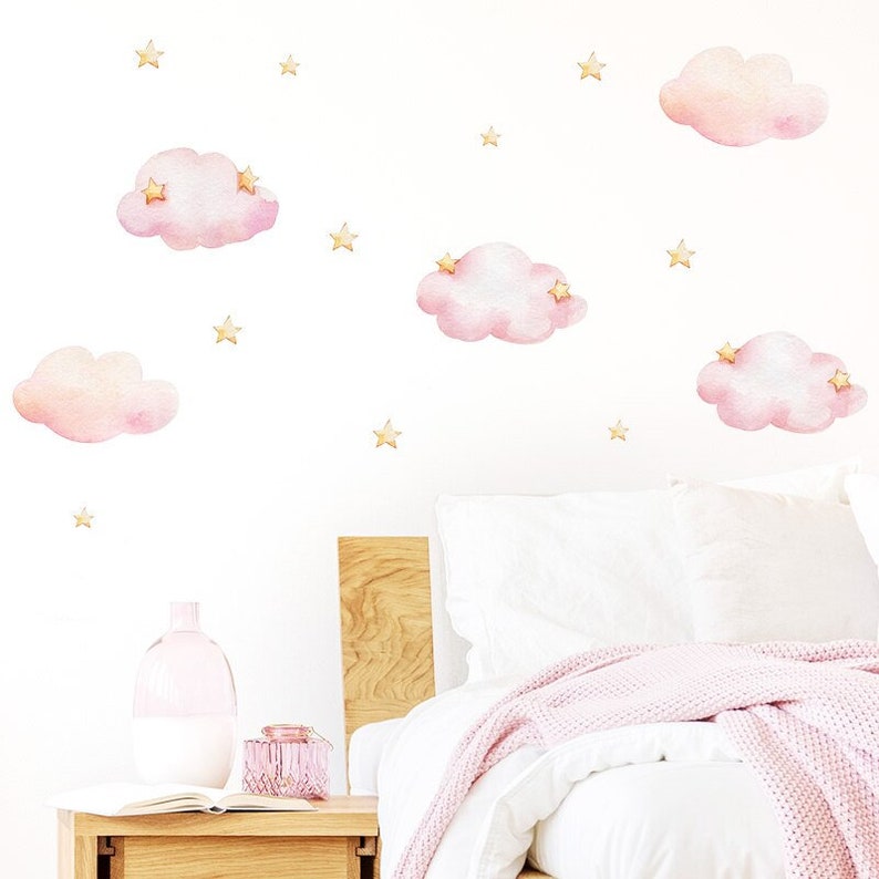 Pink Clouds and Gold Stars Kids Wall Stickers Girl Bedroom Etsy