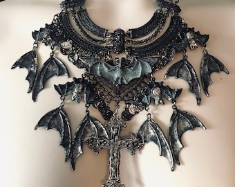 The Goddess Gabrielle Hand Painted Necklace with Bats and Bat Wings and Earrings Set by Glamour Bat Goddess