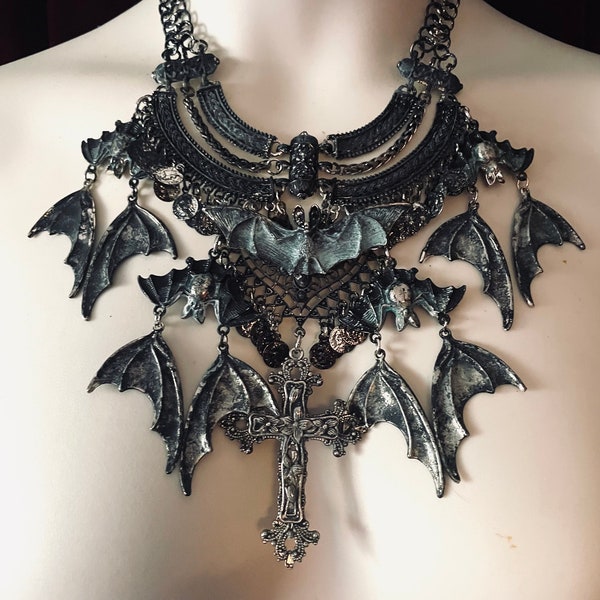 The Goddess Gabrielle Hand Painted Necklace with Bats and Bat Wings and Earrings Set by Glamour Bat Goddess