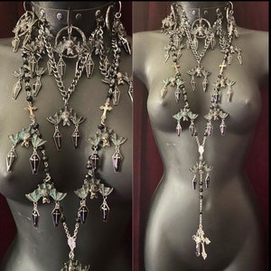 The Bat Baby Hand Painted Bats & Black Coffins Choker with Rosary and Coffin Earrings Set by Glamour Bat Goddess