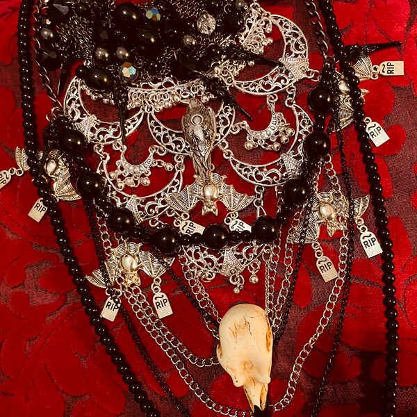 The Raven Funeral/Black Glass/90s Vintage Necklace Set in Black Glass with Raven Skull Necklace by Glamour Bat Goddess