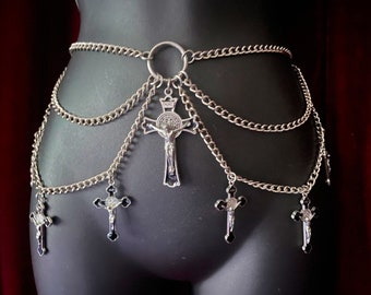 The Original Sinner Chain Belt with Black Crucifixes & Earrings Glamour Bat Goddess