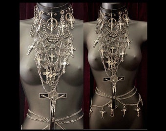 The Pandora Dominion/Choker/Crucifix Pendant, Silver Bib and Belt Set Set in Antiqued Silver by Glamour Bat Goddess