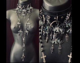 The Bat Baby Hand Painted Bats & Black Coffins Choker and  Rosary Coffin Earrings Set by Glamour Bat Goddess