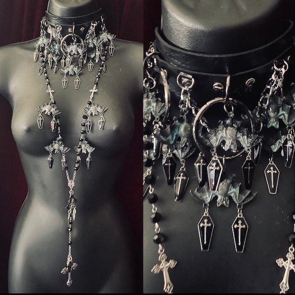 The Bat Baby Hand Painted Bats & Black Coffins Choker and  Rosary Coffin Earrings Set by Glamour Bat Goddess