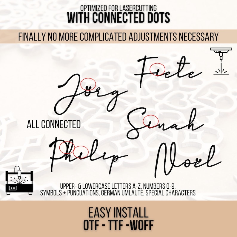 Script Lettering All Connected Laser Cutting Font - Connected Dots and Letters, No Manual Rework ...