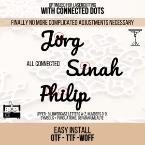 May include: A digital download of fonts for laser cutting. The image shows three names, "Jorg", "Sitnah", and "Philip", with connected dots for easy cutting. The text "ALL CONNECTED" is also included. The fonts include uppercase and lowercase letters, numbers, symbols, punctuation, and German umlauts. The text "EASY INSTALL OTF - TTF - WOFF" is also included.