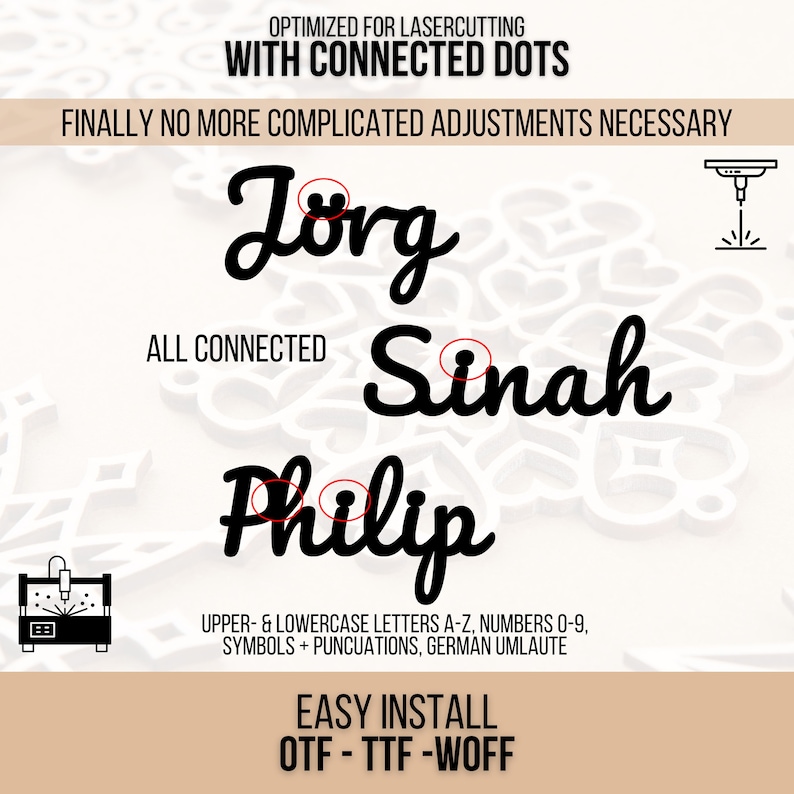 May include: A digital download of fonts for laser cutting. The image shows three names, "Jorg", "Sitnah", and "Philip", with connected dots for easy cutting. The text "ALL CONNECTED" is also included. The fonts include uppercase and lowercase letters, numbers, symbols, punctuation, and German umlauts. The text "EASY INSTALL OTF - TTF - WOFF" is also included.