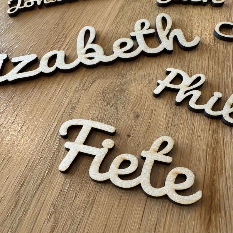 May include: Wooden name tags with the names "Elizabeth", "Fiete", "Phil" and "Jonah" written in cursive script. The tags are on a wooden surface.