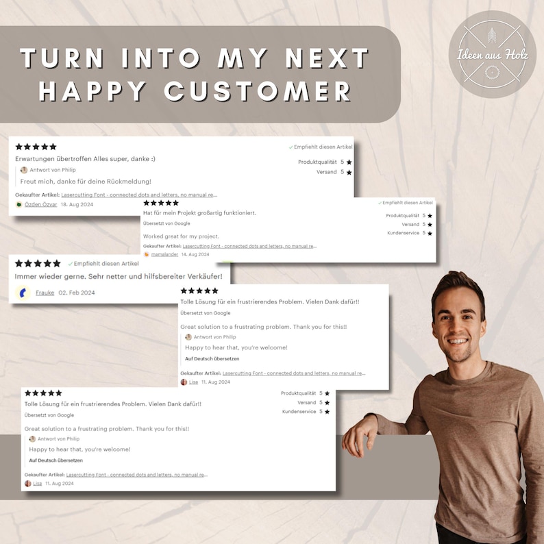May include: A collage of customer reviews with five stars, praising the seller's products and services. The reviews are in German and English, with the text "Turn into my next happy customer" at the top of the image.