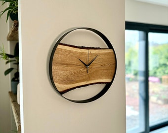 Wooden wall clock 40 cm - wooden disc clock rustic modern design, large wall clock, oak clock wall decoration made of wood housewarming gift, 3 pairs of hands