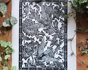 HANDPRINTED LINOCUT "Swallows in Bloom" PRINT A4 (210 X 297mm)