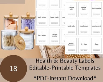 Minimalistische Gesundheits- und Schönheitsetiketten - Badezimmer Organisation - Editierbar - Printable Instant Download