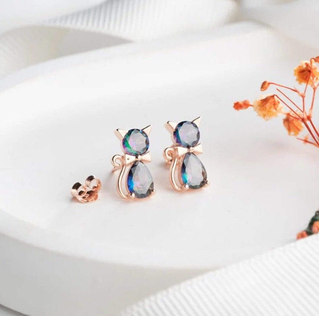 Adorable Kitty Stone Stud Earrings in 925 Solid Silver Cat Lovers Gift ...