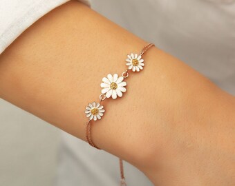 White Daisy Flowers Bracelet 925 Solid Silver Cute  Dainty Bracelet Mama Minimalist Jewelry  Handmade Bridesmaid Bridal Floral Mom Christmas