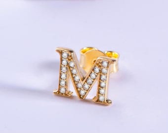 14K Gold Letter Earrings – Custom Initial Stud Earring CZ Diamond