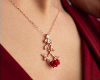 Rose Flower Necklace 925 Silver , Stemmed Rose Pendant, Dainty Rose Pendant Charm Flower, Handmade Jewelry Wedding  Bestfriend Mom Christmas