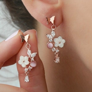 Magnolia Mother of Pearl Earrings: Sterling Silver Butterfly CZ Jewelry