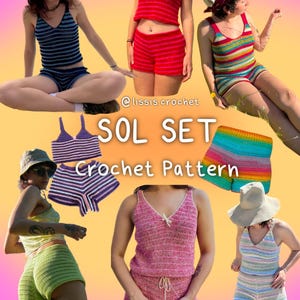 Könnte beinhalten: Eine Sammlung farbenfroher, gehäkelter Sol Set-Outfits, darunter Tanktops und Shorts. Die Outfits weisen Streifenmuster in verschiedenen Farben wie Blau, Rot, Grün und Regenbogenfarben auf. Der Text "SOL SET Crochet Pattern" ist zu sehen.
