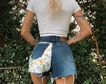 Vintage Patchwork Cutoff Jean Shorts- Patchwork Quilt Jeans- Reworked Denim- High Waisted Jeans Women- Handmade Patch Shorts- Vintage Jean