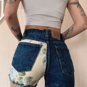 Vintage Orange Tab Student Cut Patchwork Levis- Reworked Vintage Denim- Vintage Levi’s Cutoffs- Womens Patcwork Denim Shorts- Floral Quilt