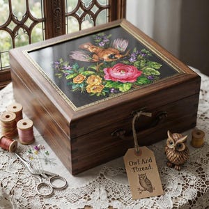 May include: A dark wood storage box with a hinged lid featuring a floral and bird print. A brown paper tag attached to the handle reads Owl And Thread. with an owl illustration. Includes wooden spools of thread, sewing scissors, and an owl figurine.
