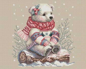 Pattern PDF Cross Stitch Little White Polar Bear Snow Animal Embroidery Instant Digital Download