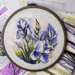 Peut inclure: Un projet de broderie au point de croix terminé représentant des iris violets dans un cercle de broderie en bois. La broderie est entourée d'une variété de fils à broder colorés.