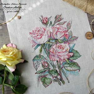Patrón PDF de ramo de rosas en acuarela para bordado en punto de cruz, flores de verano y primavera, StitchBoom, descarga digital instantánea.