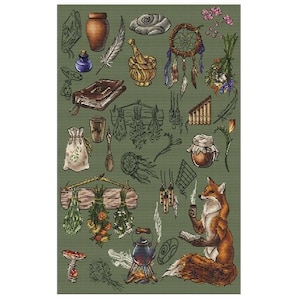 Wzór PDF Forest Witch Sampler Cross Stitch Fox Animal Kazarina Embroidery Instant Digital Download
