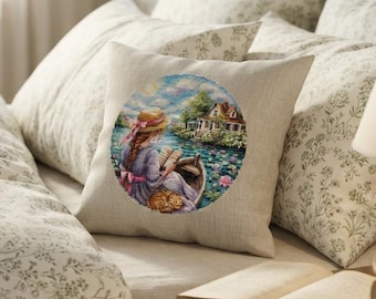 Girl Reading in Boat Cross Stitch Pattern, Cottagecore Lake Scenery (PDF)