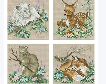 11 PDF Vintage Cross Stitch Pattern Download digitale istantaneo Foresta degli animali