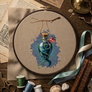 Peut inclure: Un tambour à broder circulaire en bois contenant une broderie au point de croix représentant une fiole de potion bleue avec un bouchon en liège, entourée de vignes vertes et d'une petite fleur rouge, suspendue à une branche sur un tissu beige.