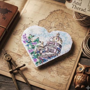 Mini Architecture Heart Cross Stitch Pattern, Tiny Cathedral Needlepoint Chart, Romantic Landmark Embroidery PDF