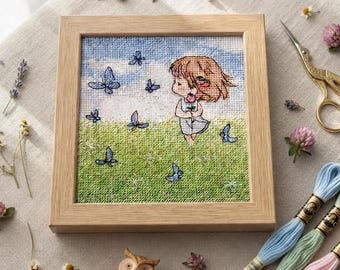 Girl and Butterflies Mini Cross Stitch Pattern: Summer Embroidery (PDF Pattern)