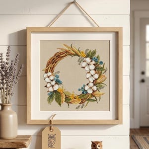 Cotton Wreath Cross Stitch Pattern, Rustic Floral Embroidery, Farmhouse Wall Decor (PDF)
