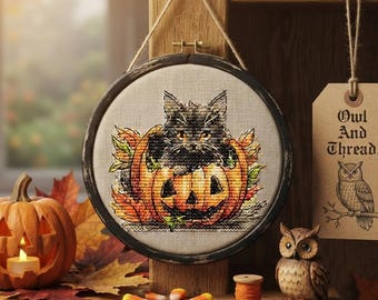 Halloween Cat Cross Stitch Pattern, Black Cat Pumpkin Embroidery PDF, Autumn Needlepoint (Digital Download)