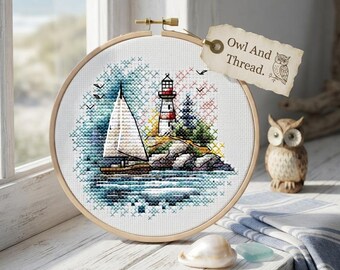 Lighthouse Sailboat Cross Stitch Pattern, Miniature Coastal Embroidery Chart (PDF)