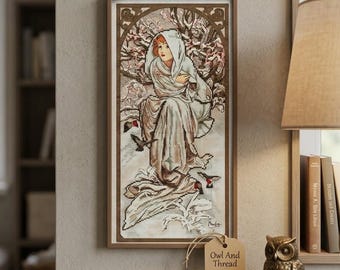 Jugendstil Wintergöttin Kreuzstich Muster, Alphonse Mucha Stil Stickdatei PDF