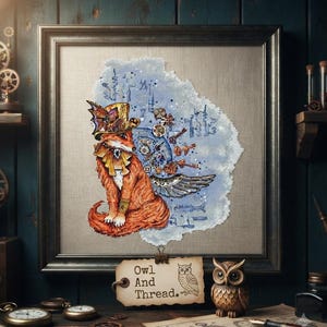 Schema per punto croce di una volpe steampunk, ricamo di un animale meccanico alato (PDF)