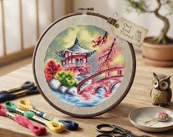 Kreuzstichmuster Rote Brückenpagode, Japanischer Garten, Stickvorlage (PDF)