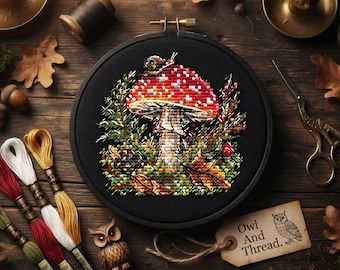 Amanita Mushroom Cross Stitch Pattern, Dark Cottagecore Embroidery Chart, Little Toadstool Needlepoint PDF, Fall Nature Wall Art