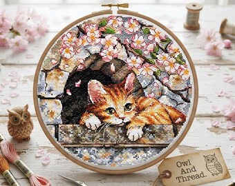 Ginger Kitten Cross Stitch Pattern, Spring Blossom Embroidery Chart (PDF)