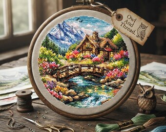 Alpine Cottage Cross Stitch Pattern, Mountain River Embroidery Chart (PDF)