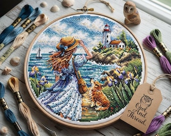 Coastal Girl and Dog Cross Stitch Pattern, Lighthouse Embroidery Chart (PDF)