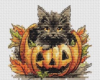 Halloween Katze Kreuzstich Muster, schwarze Katze Kürbis Stickmuster PDF, Herbst Nadelspitze (Digitaler Download)