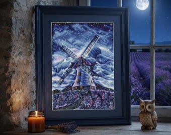 Kreuzstichmuster „Sternennacht-Windmühle“, Stickvorlage „Lavendelfeld-Landschaft“ (PDF)