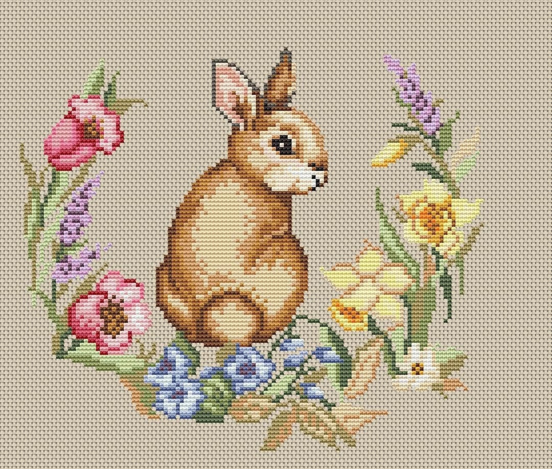 Bunny PDF Vintage Pattern Cross Stitch Embroidery Rabbit Hare Flower ...