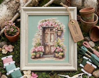 Cottagecore Door Cross Stitch Pattern, Floral Entrance Embroidery Chart (PDF)