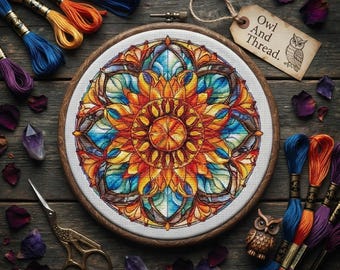 Patrón de punto de cruz de mandala de vidriera, bordado de girasol, tapicería geométrica bohemia (descarga en PDF)